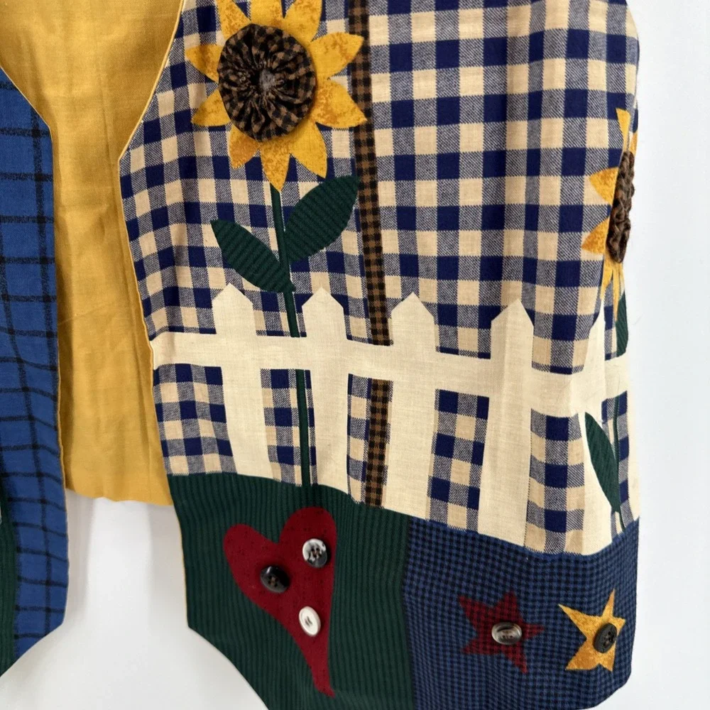VTG Handmade Blue Gingham Sunflowers‎ Sz L Country Cottage  Novelty Shabby 80s